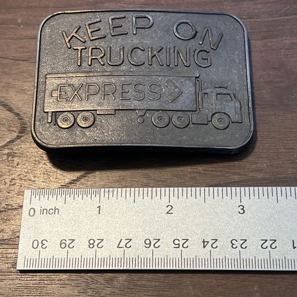 Vintage 70s Keep on Trucking Express Semi Truck Belt Buckle Brass 3x2.25